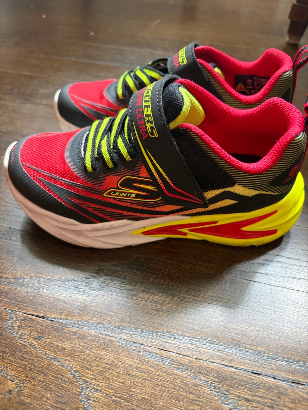 Skechers Kids Red and Neon Yellow Flex-Glow Light-Up Sneakers sz 12